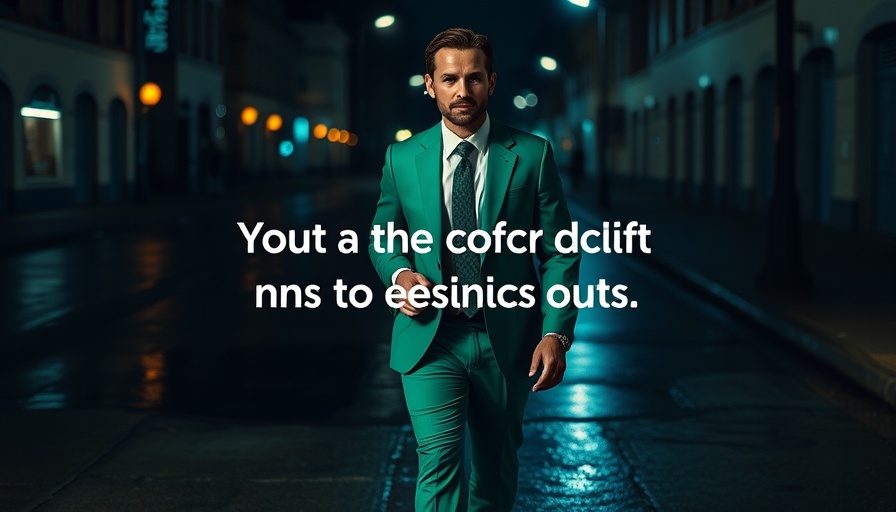 Man in green suit holding humorous text overlay at night.