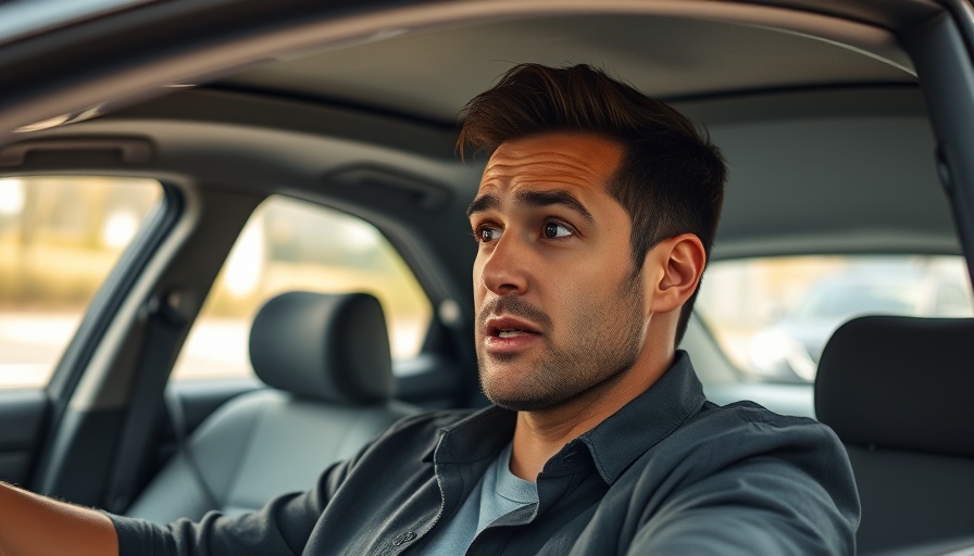 Confident man speaking with authority in car, natural setting.