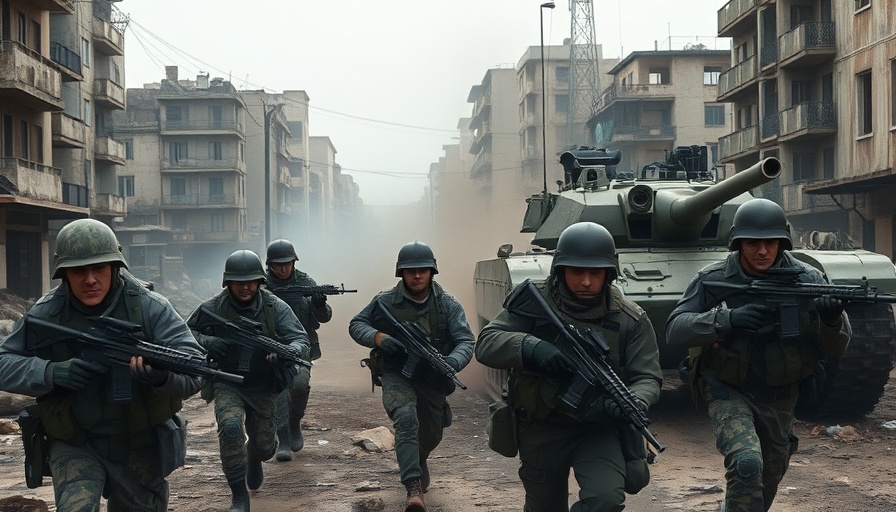 IDF soldiers advance in urban combat zone, tank positioned nearby.