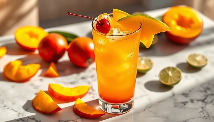 Vibrant Mango Mai Tai cocktail recipe with cherry and mango.