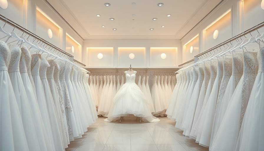 Elegant wedding dresses displayed in a bridal store.