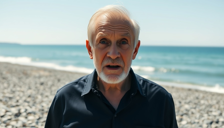 Older man surprised on a beach holding an object.