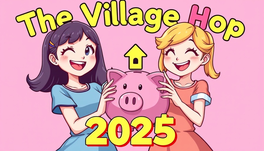 Village Hop community savings event cartoon with female characters.