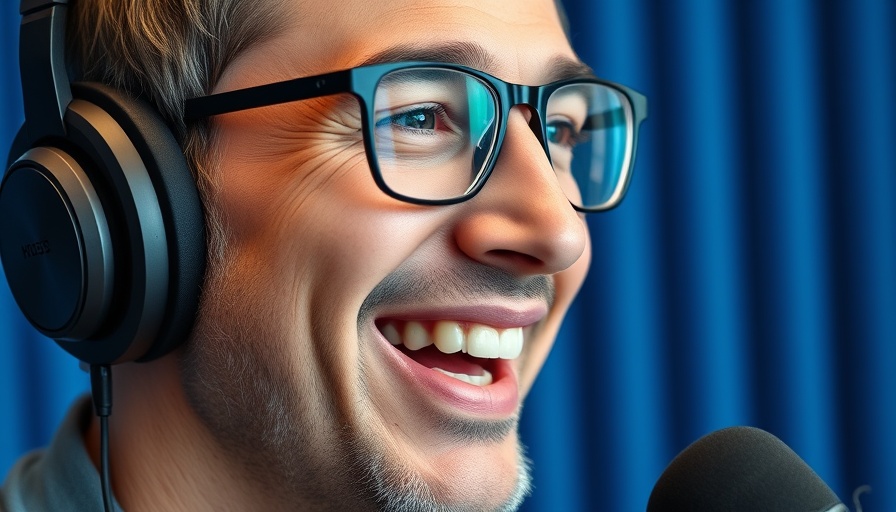 Man discussing potential market drop 50% in studio, blue background.