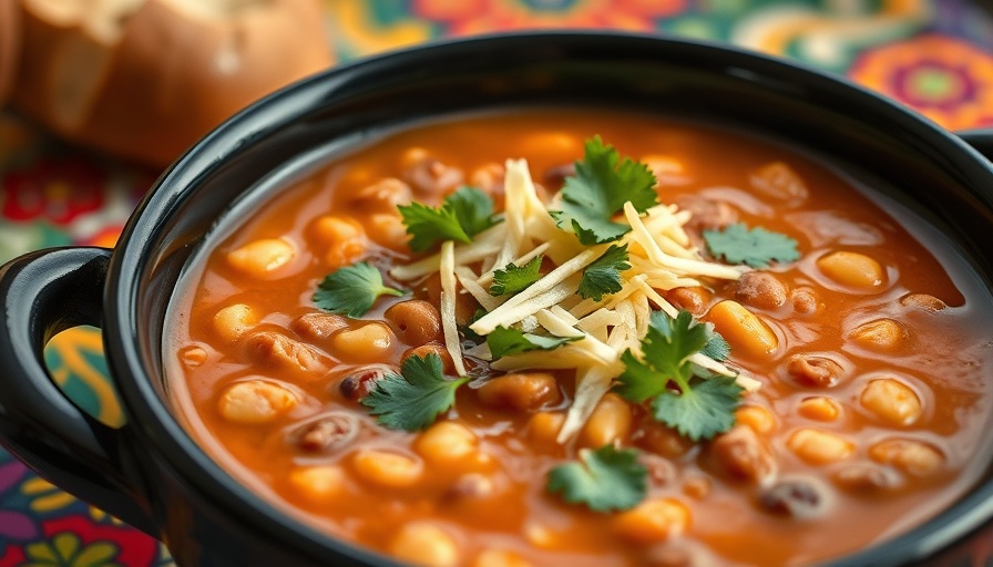 Delicious roasted tomatillo pinto bean soup with cheese in a black bowl.