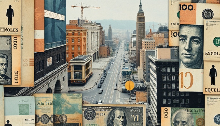 Abstract collage on welfare reform with urban and currency visuals.