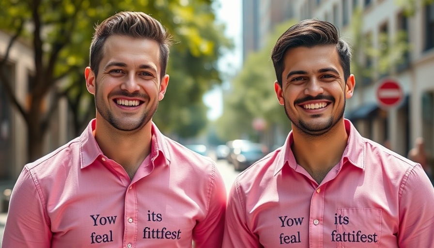 Two smiling men in matching shirts, urban setting, modernize charitable donations.