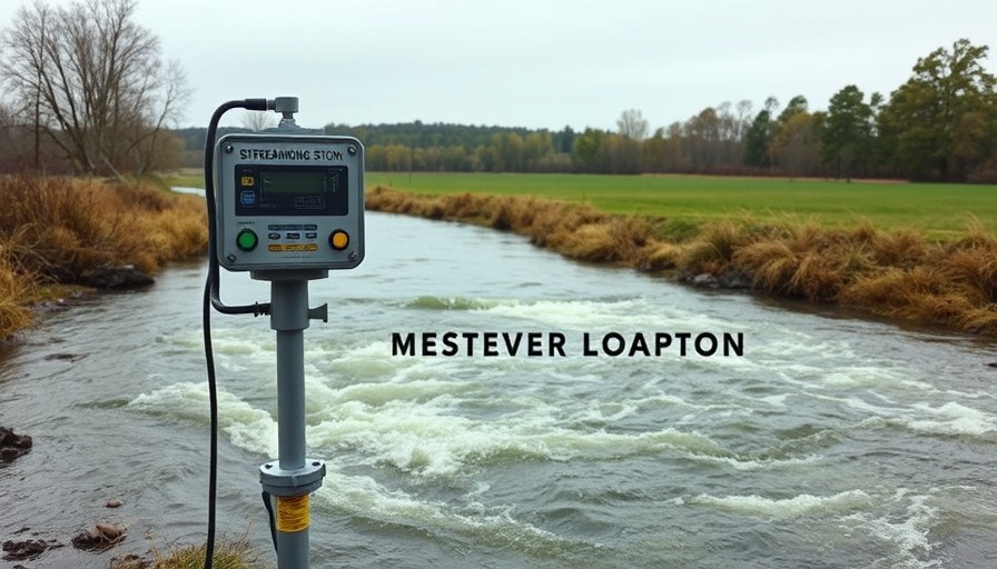 USGS stream gauging station by flooded river, measuring water levels.