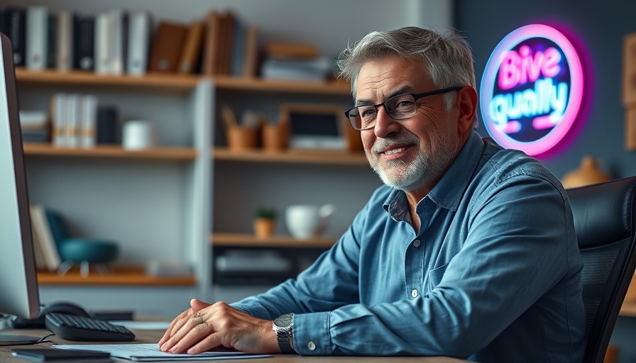 Middle-aged man discussing at desk, soft lighting, office setting.