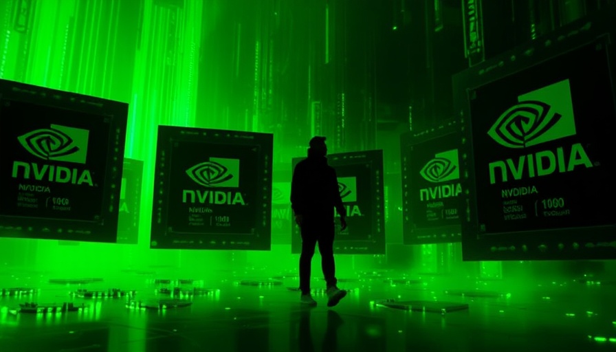 Futuristic scene with Nvidia AI chips and silhouetted figure.