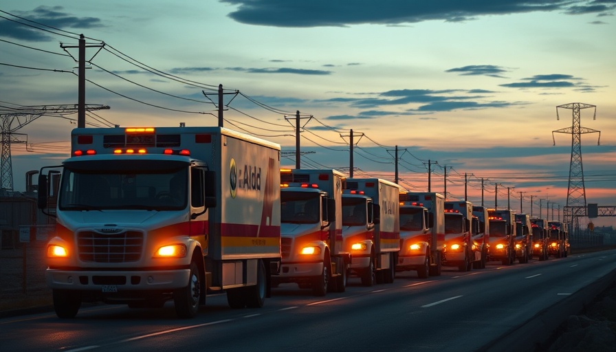 Aid trucks delivering goods to Gaza at dawn with headlights on, industrial setting.