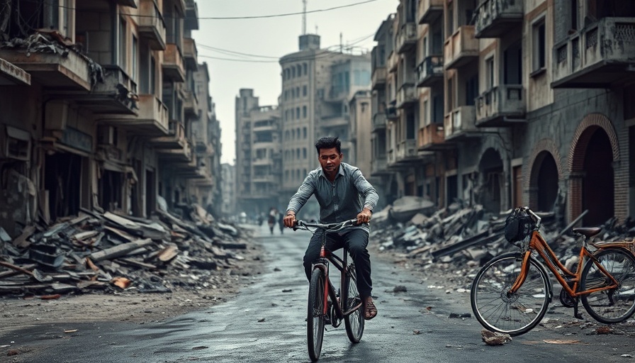 Urban cyclist navigating war-torn area, Christian perseverance in Ukraine.