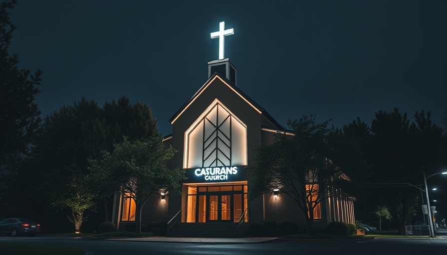 Second Baptist Church at night with glowing signage.