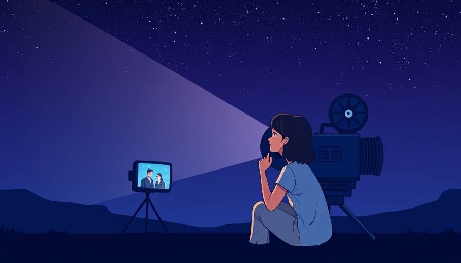 Illustration of a woman with film projector under a starry sky.