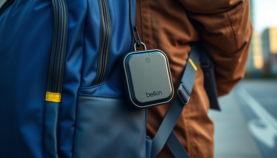 Belkin AirTag case on backpack next to brown pants, stylish setup.