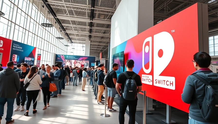 Nintendo Switch 2 event with people in line.