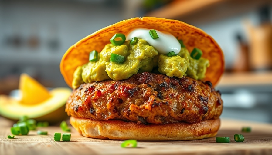 Juicy grilled taco burger with guacamole and sour cream.