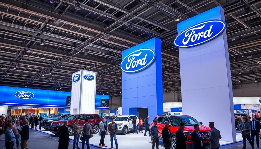 Vibrant Ford exhibit displaying vehicles and signage at auto show.