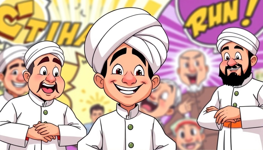 Animated depiction with three men in white, humorous background elements.