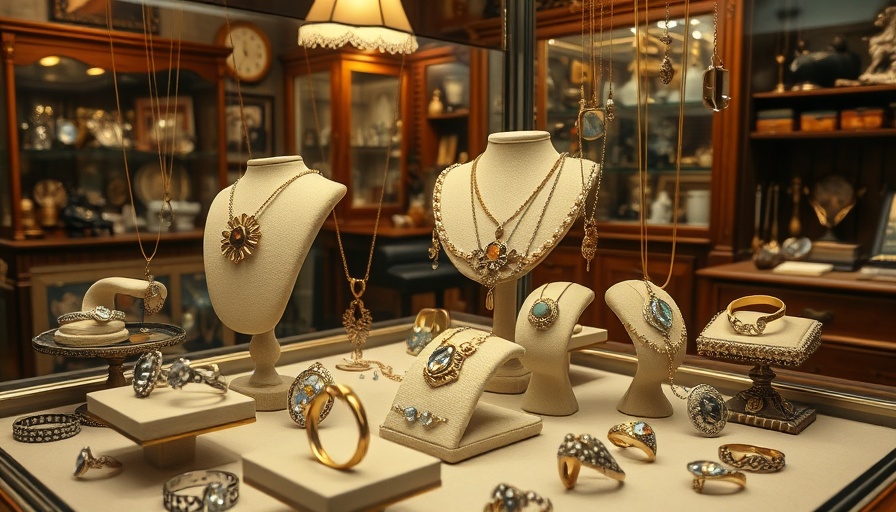 Antique jewelry display in a shop, rings and necklaces visible.