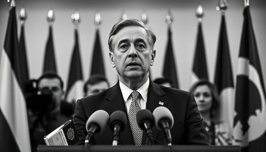 Political figure discussing international relations impact on living costs, monochrome.