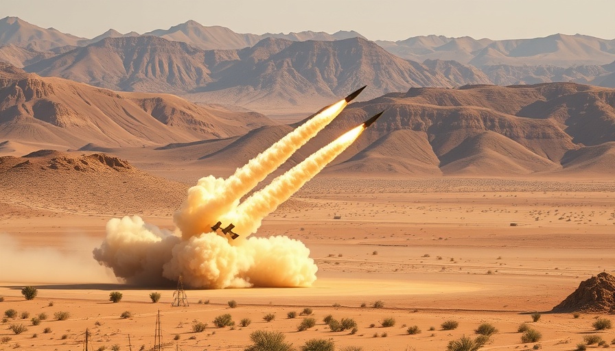 Missile launch in desert landscape under blue sky.