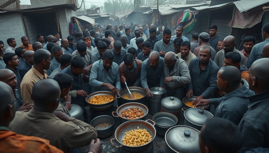 Crowd in Gaza, cooking and gathering food amid crisis, illustrating the malnutrition crisis.