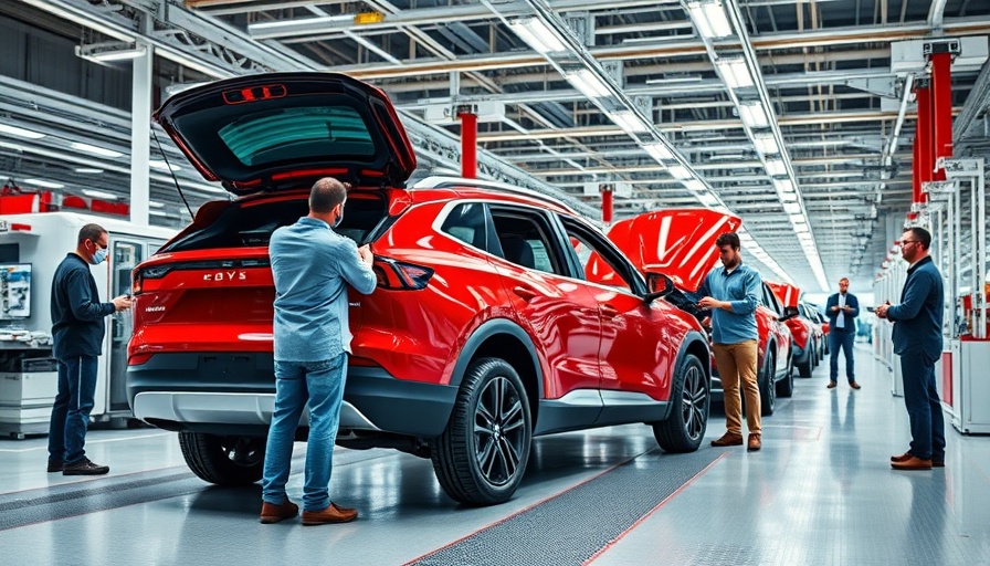 Rivian assembly line with workers adjusting a red SUV