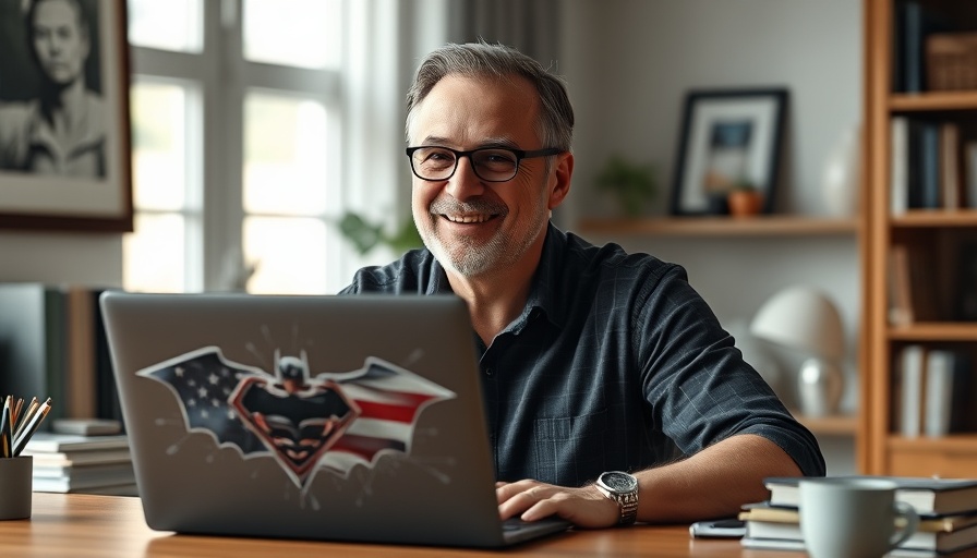 Man smiling, demonstrating a teaching moment, home office setting.