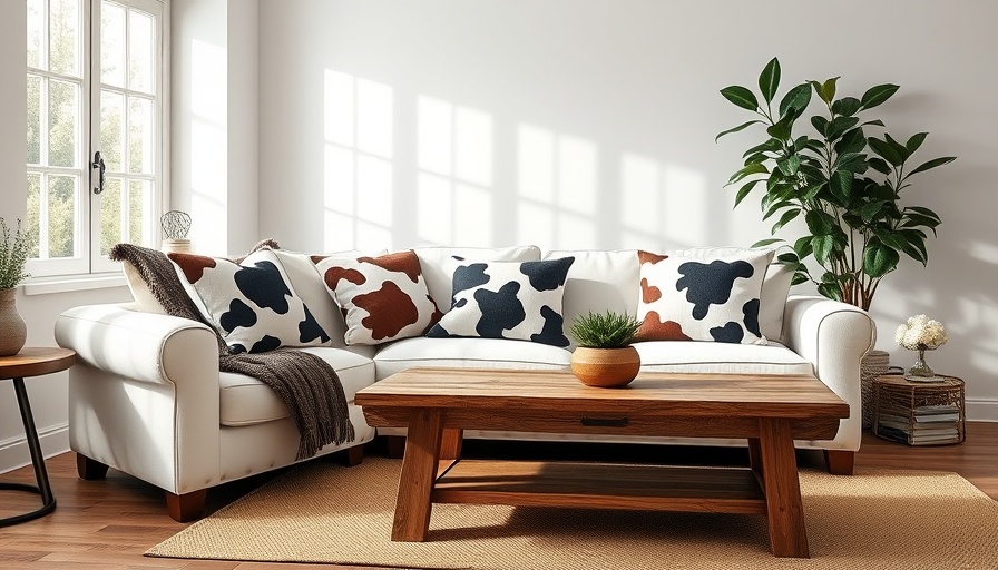 Modern living room with cow print home decor and white sofa.