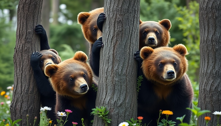 Grizzly bear reintroduction in California, bear family in forest climbing trees.