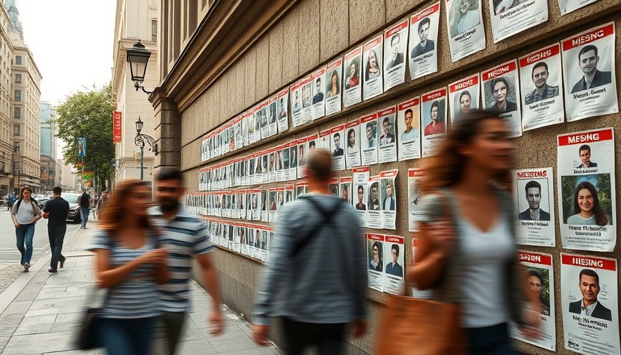 City scene with missing persons posters, blurred individuals walking.