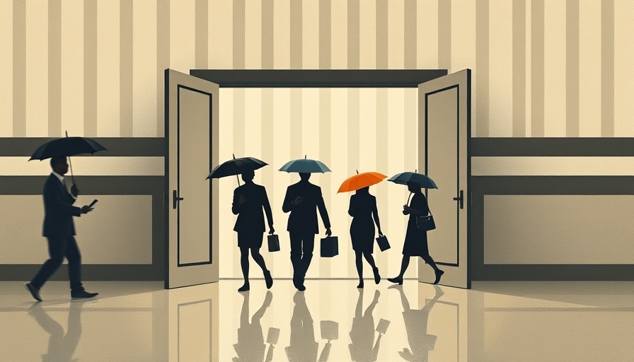 Abstract depiction of tech layoffs 2025 with stylized figures and umbrellas.