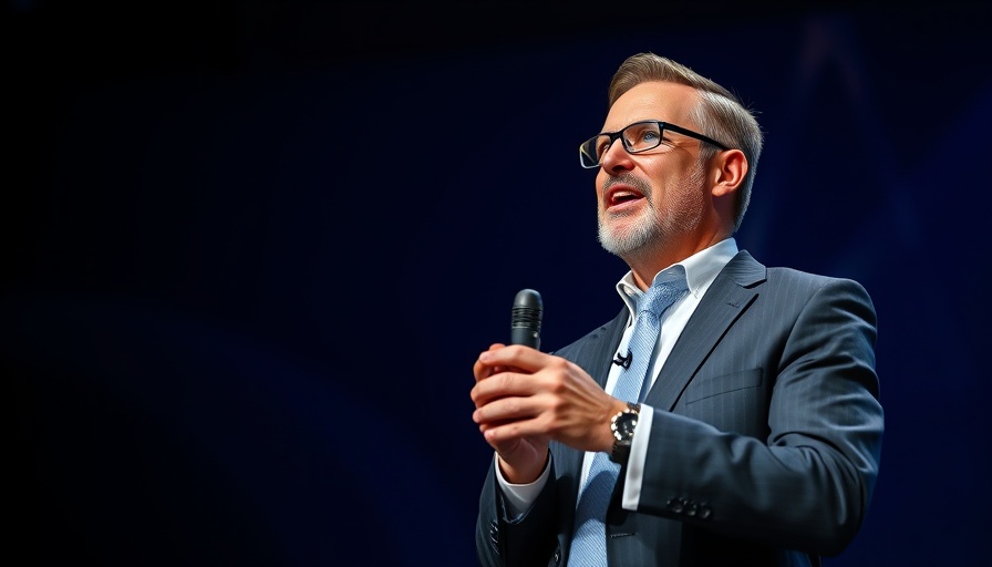 Middle-aged man discussing Arm quarterly sales milestone on stage.