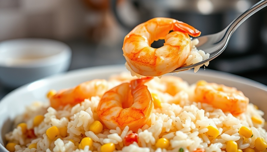 Shrimp and rice recipe in a spoon with corn in a pot.