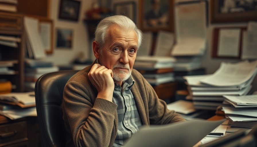 Elderly man in vintage office setting, thoughtful pose.