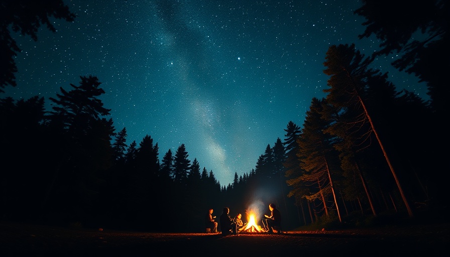 Nighttime campsite with campfire and starry sky in forest.