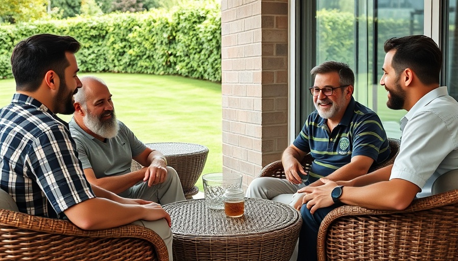 Evangelism in families: group of men having a discussion on a patio.