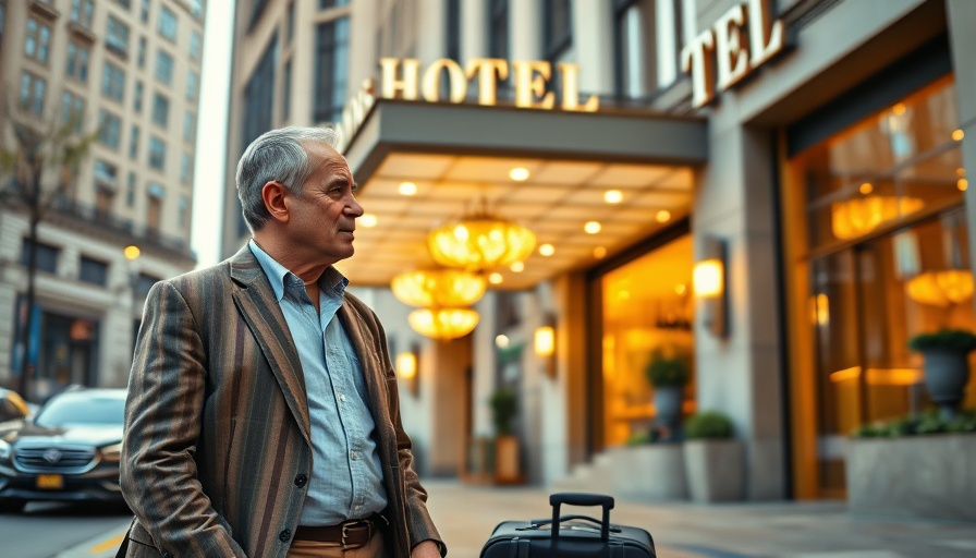 Mature man discussing free hotel room upgrade outside luxury hotel.