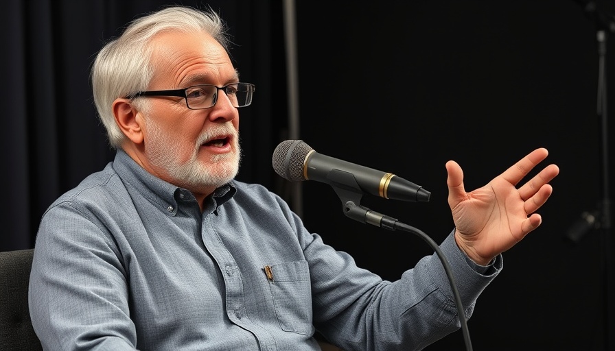 Man animatedly speaking into a microphone in a studio.
