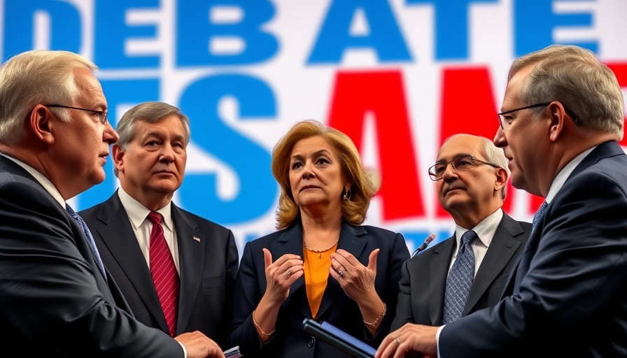Political figures debating UK US Trade Deal Impact, bold text background.