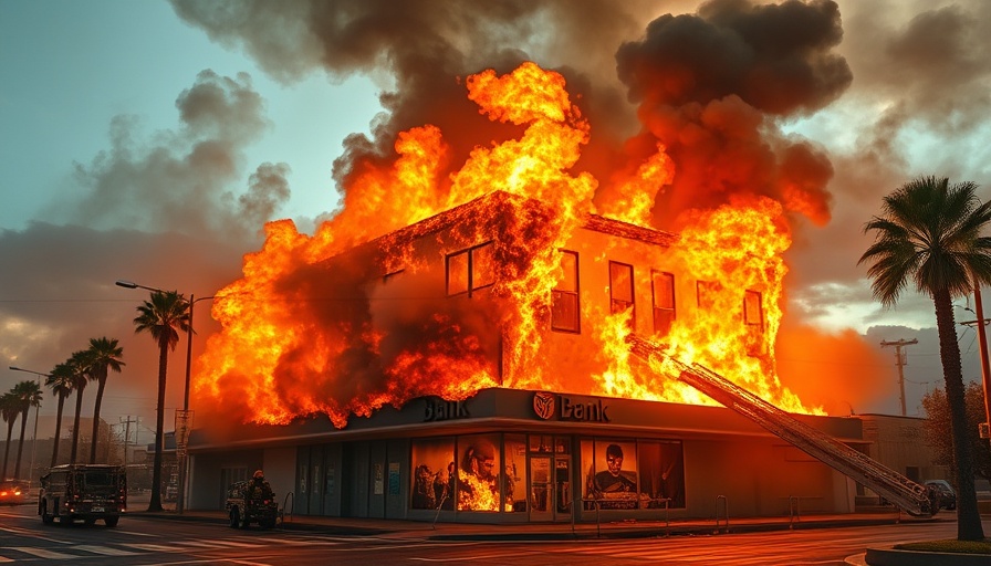 Firefighters battle intense blaze at bank, illustrating NOAA climate disaster tracking costs.