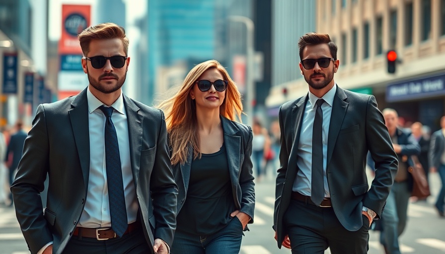 Business professionals related to blood-testing startup walking confidently in city.
