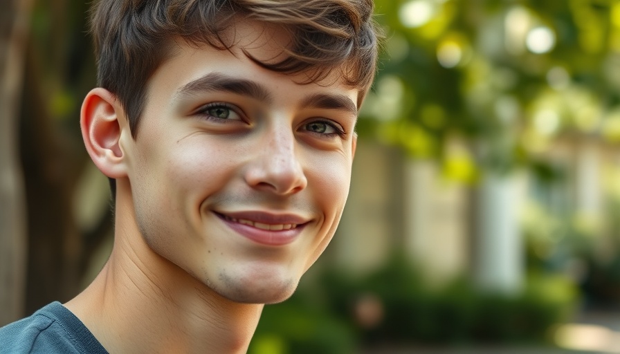 Close-up of young man with a subtle smile outdoors.