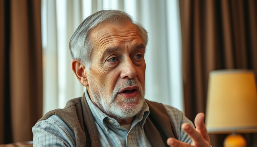 Elderly man discussing topics in a warm indoor setting.