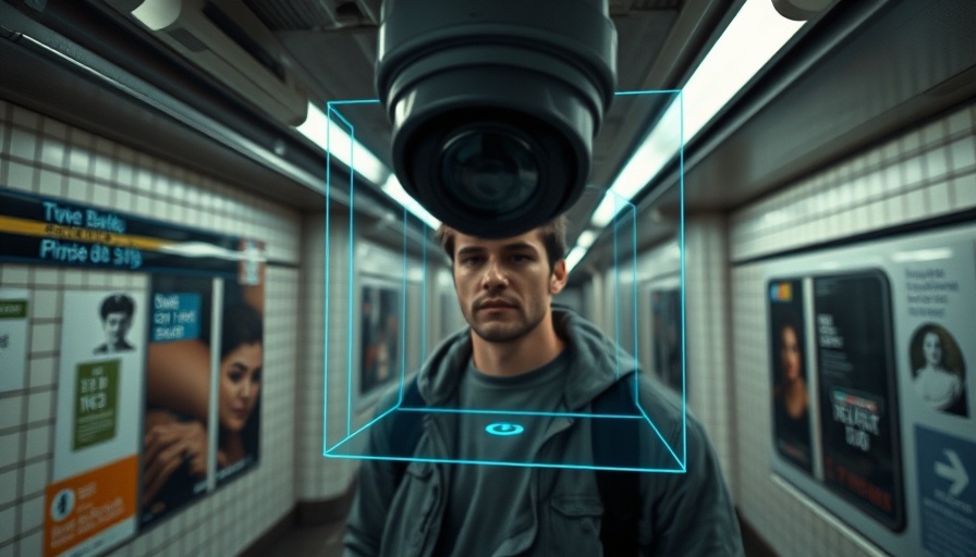 AI surveillance in subway station scene with digital tracking box.