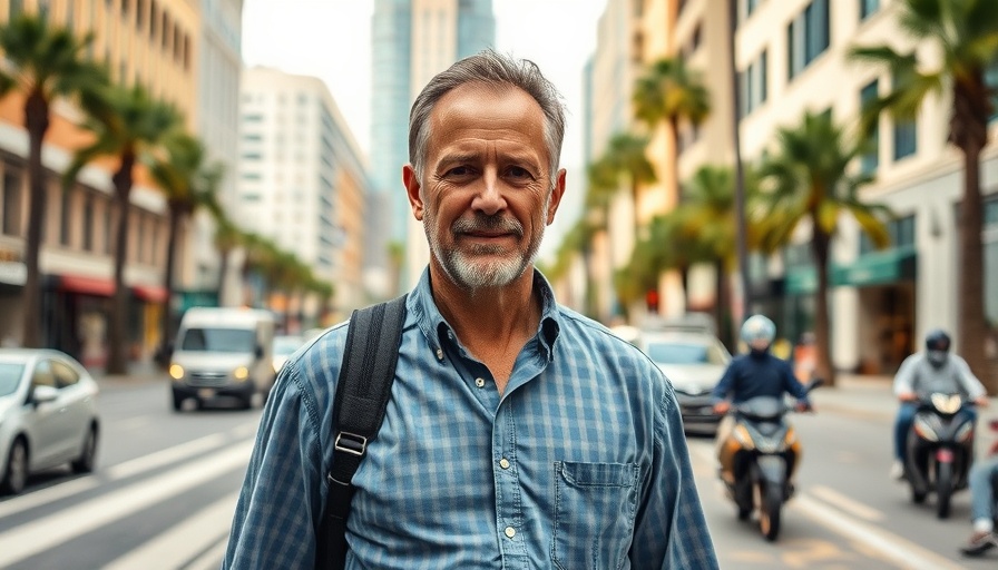 Middle-aged man on city sidewalk, symbolizing 'faith in politics'.