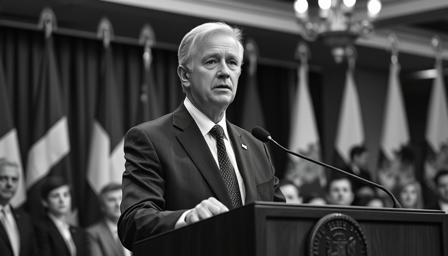Former politician at press conference discussing trade impact.