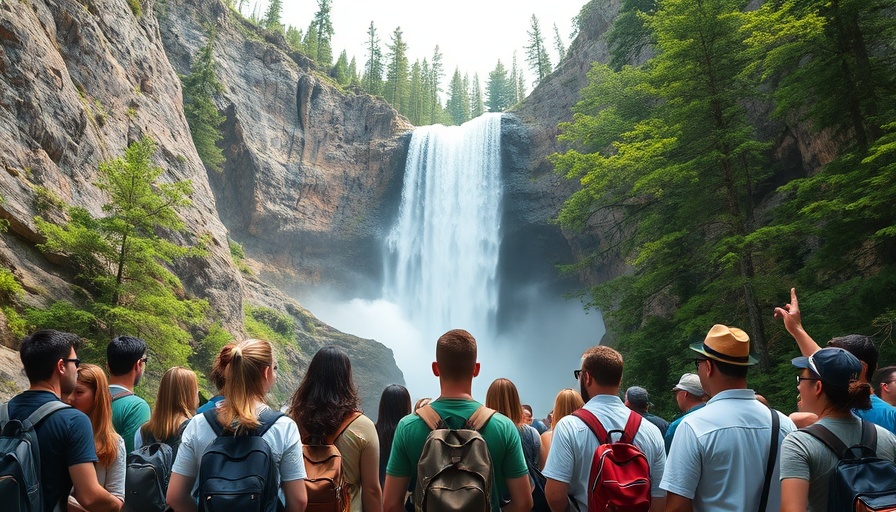 Tourists at a waterfall in a national park, highlighting scenic beauty and visitor engagement.
