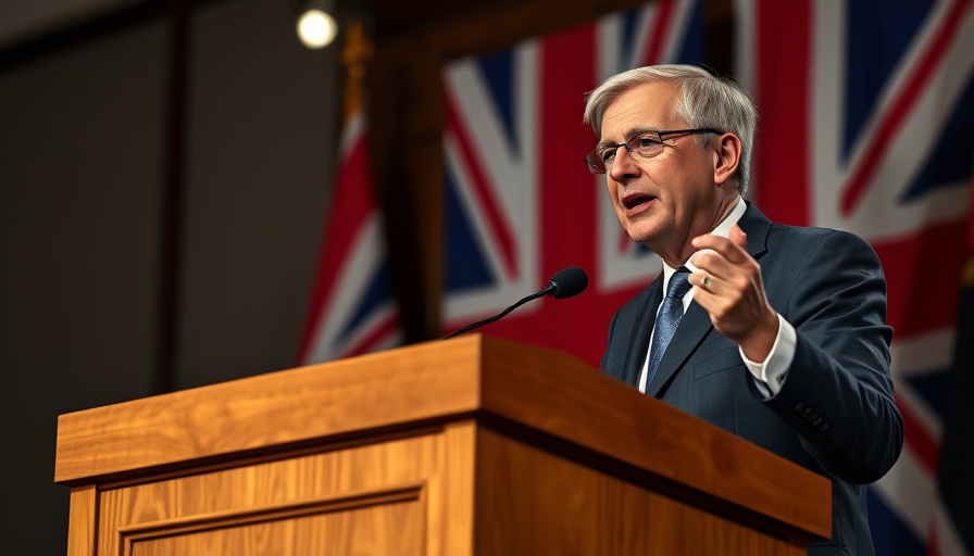 UK immigration changes speaker delivers speech with UK flag backdrop.
